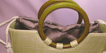 Load image into Gallery viewer, 1/2 Moon Straw Cognac Round Wooden Handles Drawstring Pouch Handbag