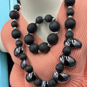 Necklace Earring Bracelet Set Black & Gun