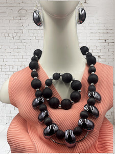 Necklace Earring Bracelet Set Black & Gun