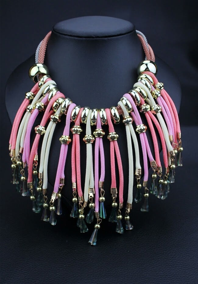 Crystal Charms w/ Rope Pink Necklace