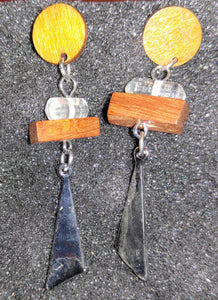 Coffee Wood Geometric Drop Dangle Silver Plated Earrings