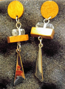 Coffee Wood Geometric Drop Dangle Silver Plated Earrings