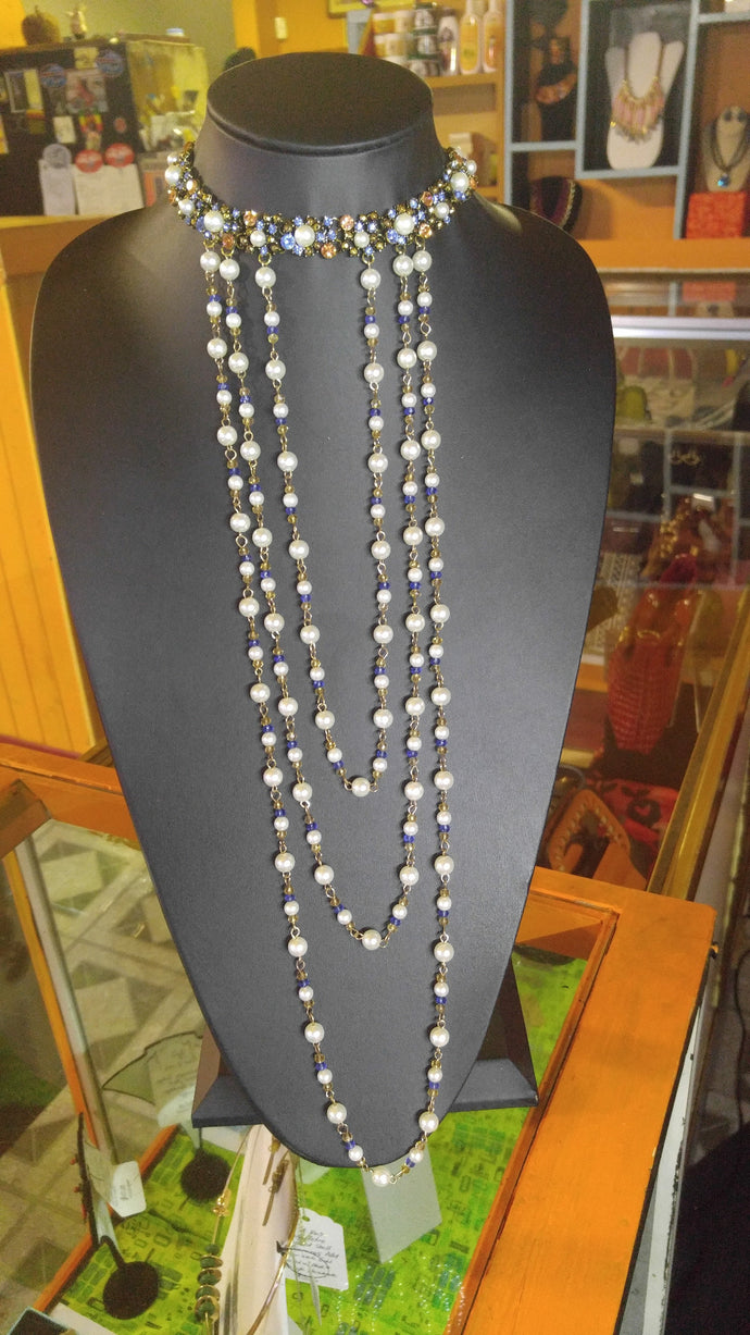 Long Pearl & Crystals Bib Choker