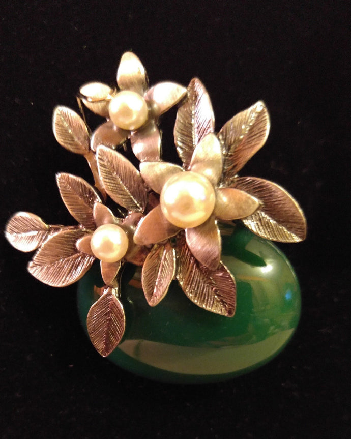 Floral Bouquet Simulated Pearl Green Stone Gunmetal Brooch