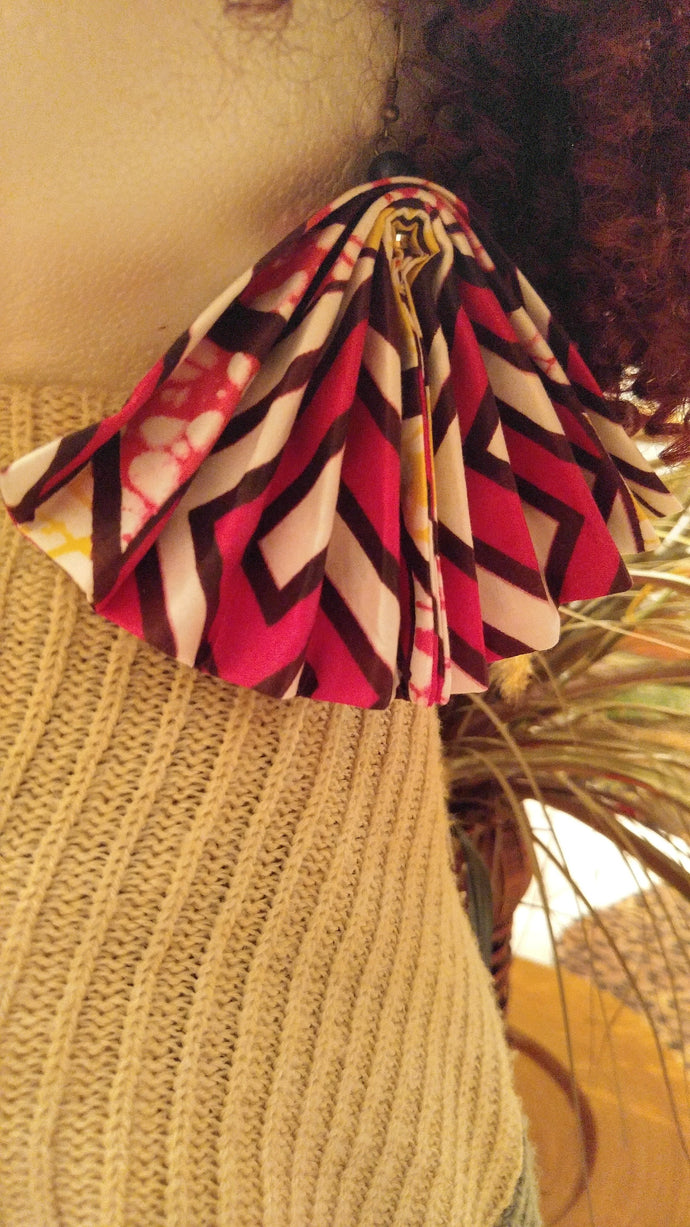 Burgundy Yellow Fabric Spreadable Fan Dangle Earrings