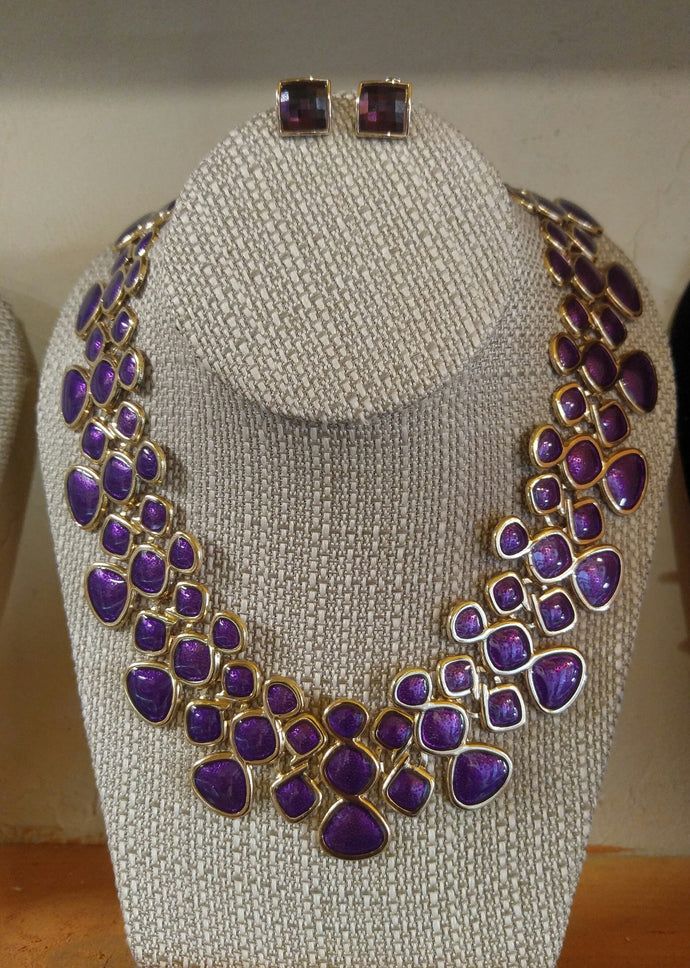 Purple Rhinestone Square Earrings & Necklace