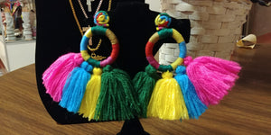 Pink, Blue, Yellow & Green Neon Fringe Dangles Earrings