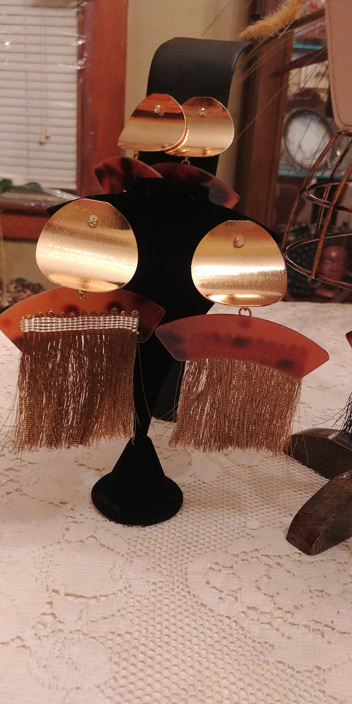 Fringe Thread Tassel Dangles Gold Tone Earrings