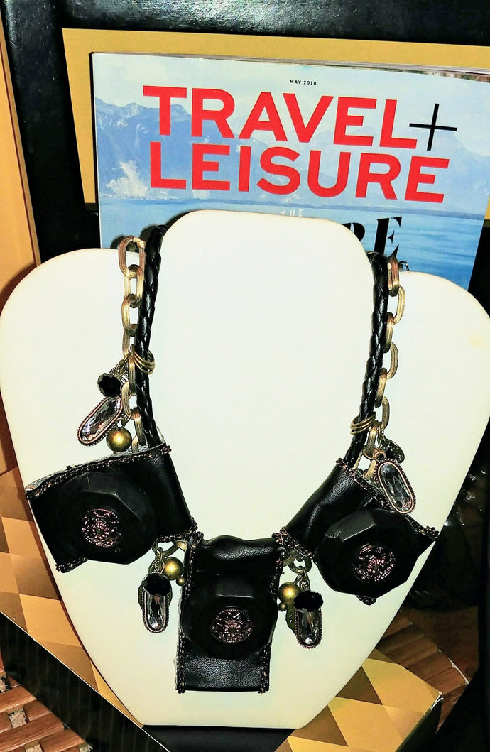 Leatherette Flaps & Wooden Squares Necklace