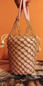 Leather Bucket Woven Netted Tote