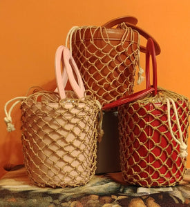 Leather Bucket Woven Netted Tote