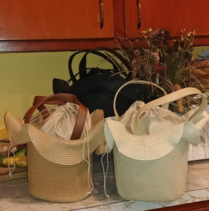 Straw Bucket Tulip Shape Drawstring Pouch Tote