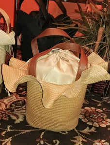 Straw Bucket Tulip Shape Drawstring Pouch Tote