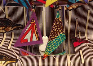 Flat Triangular Ethnic Wax Fabric Silver Fish Hook Earrings