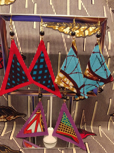 Flat Triangular Ethnic Wax Fabric Silver Fish Hook Earrings