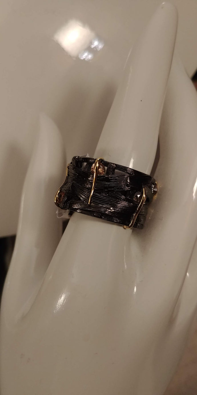 Braided Black Enamel Gold Plated CZ Ring