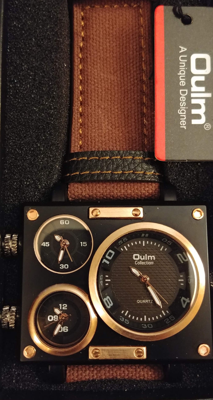 Fashion Sport Square Case Triple Black Faces Brown Band Watch