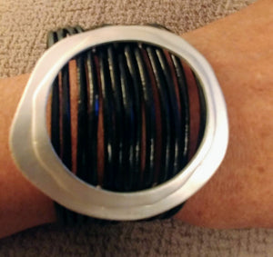 Leather Multi Strand Wrap Matte Silver Ctr. Magnetic Closure Bracelet