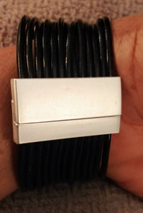 Leather Multi Strand Wrap Matte Silver Ctr. Magnetic Closure Bracelet