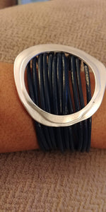 Leather Multi Strand Wrap Matte Silver Ctr. Magnetic Closure Bracelet