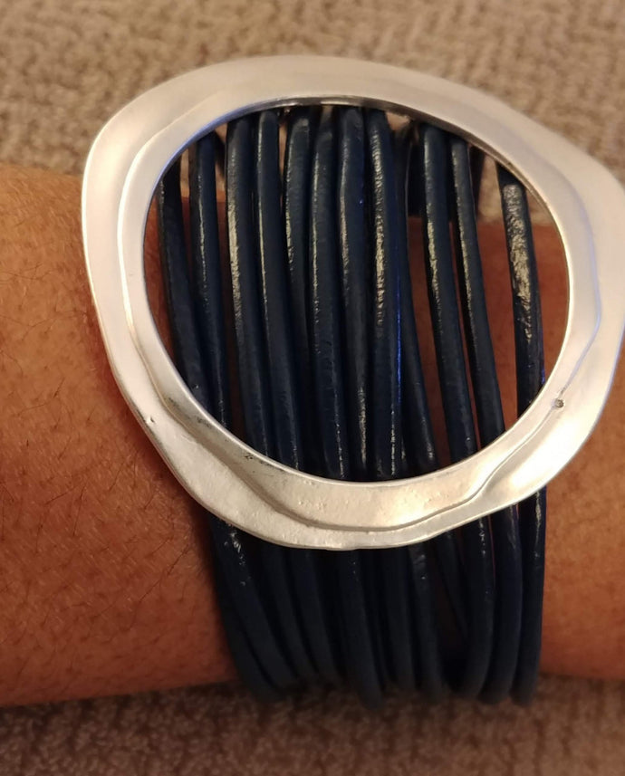 Leather Multi Strand Wrap Matte Silver Ctr. Magnetic Closure Bracelet