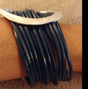 Leather Multi Strand Wrap Matte Silver Ctr. Magnetic Closure Bracelet