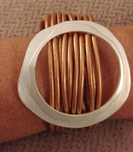 Leather Multi Strand Wrap Matte Silver Ctr. Magnetic Closure Bracelet