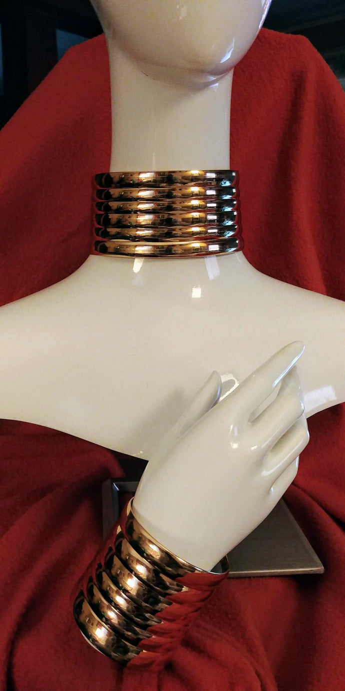 Bracelet Choker Set 6 Thick Leather Gold Plated Seamed Strands Snap Closure
