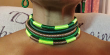 Load image into Gallery viewer, Multi Strand Foiled Thread &amp; Twine Necklace Earring Set
