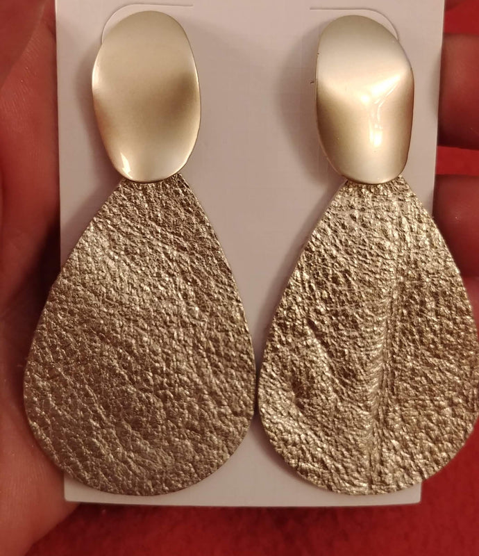 Metallic Grain Leather Teardrop Gold Plated Push Back Earrings