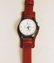 Load image into Gallery viewer, Men&#39;s Cognac Leather Band White Face Red Dials Matte Black Bezel

