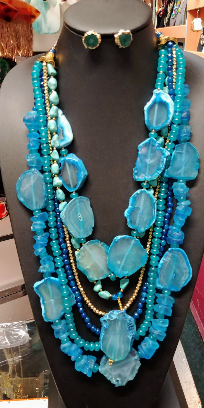 2Pc. Aqua Blue Gem Stone Necklace Set