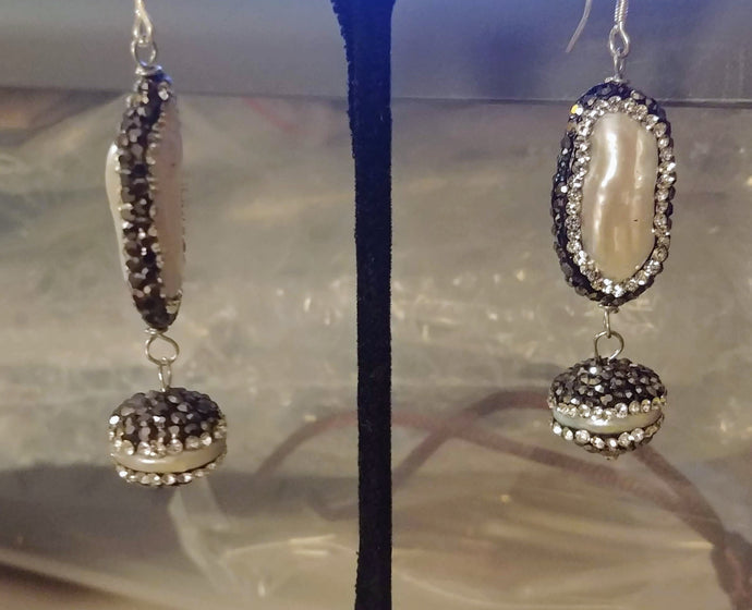 White Biwa Pearl Iridescent Smoke & Clear CZ Double Danglers Fish Hooks