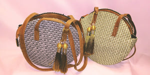 Straw Cognac Shoulder Straps & Tassels Zipper Close Round Handbag