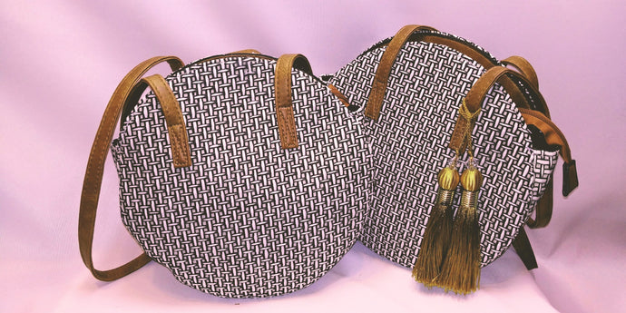 Straw Cognac Shoulder Straps & Tassels Zipper Close Round Handbag