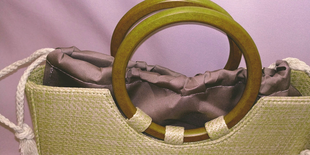 1/2 Moon Straw Cognac Round Wooden Handles Drawstring Pouch Handbag