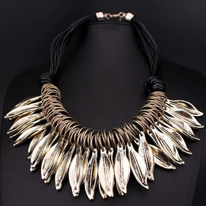 Leather Rope Leaf Tassels Gold Necklace
