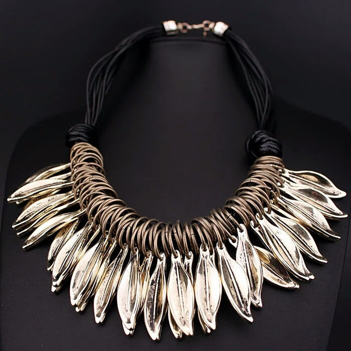Leather Rope Leaf Tassels Gold Necklace