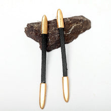 Load image into Gallery viewer, Black Single Strip Suede Dangle Gold Tip &amp; Post Earrings
