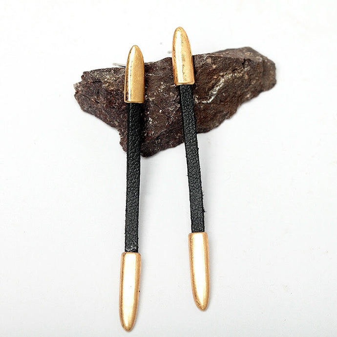 Black Single Strip Suede Dangle Gold Tip & Post Earrings