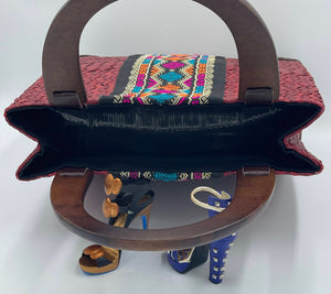 Handbag Red Rattan Woven Straw Square Bucket