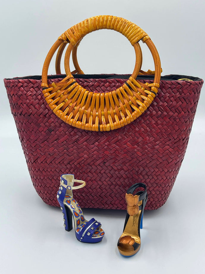 Handbag Handmade Rattan Woven Red Straw