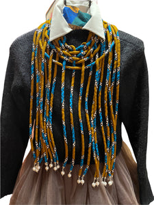 Necklace 24" Ethnic Fabric Pearl Tipped Rope Dangling Pendants
