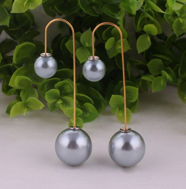 Double Sided Gray Simulated Pearl Dangler Push Back Earrings