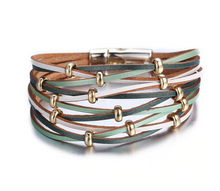 Load image into Gallery viewer, Multi Strand Sage &amp; Forest Green Leather Strands Gold Plated Magnetic Closure
