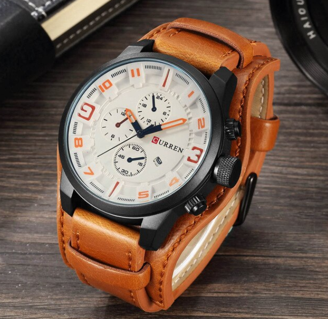 Men's Cognac Leather Band White Face Red Dials Matte Black Bezel