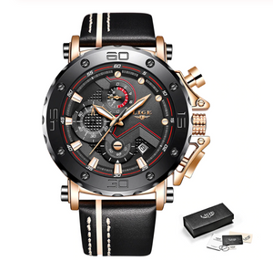 Men's Luxury Black Leather Bank White Stitching Rose Gold Plated