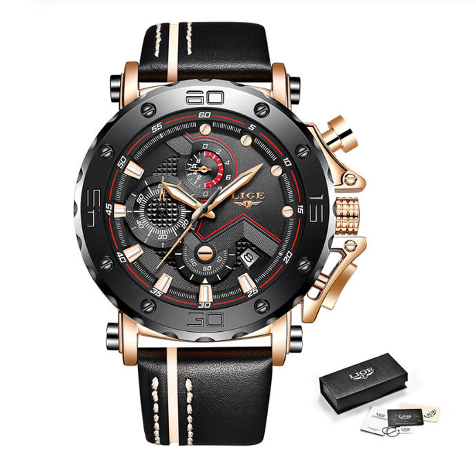 Men's Luxury Black Leather Bank White Stitching Rose Gold Plated