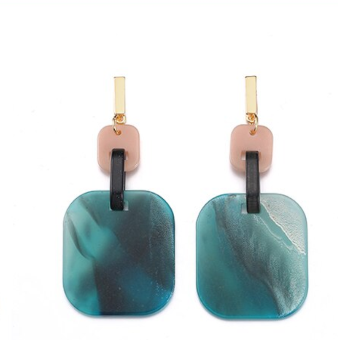 Marbled Blush Green Acrylic Square Dangler Push Back Earrings