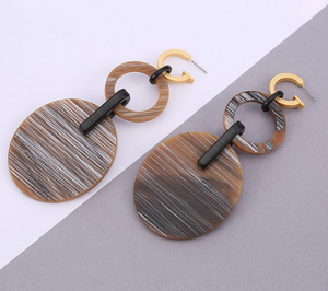 Brown White Striped Oval Earrings